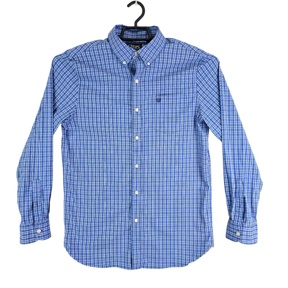Mens Blue Plaid Chaps Shirt Long Sleeve Button Down Stretch Cotton Blend Size M